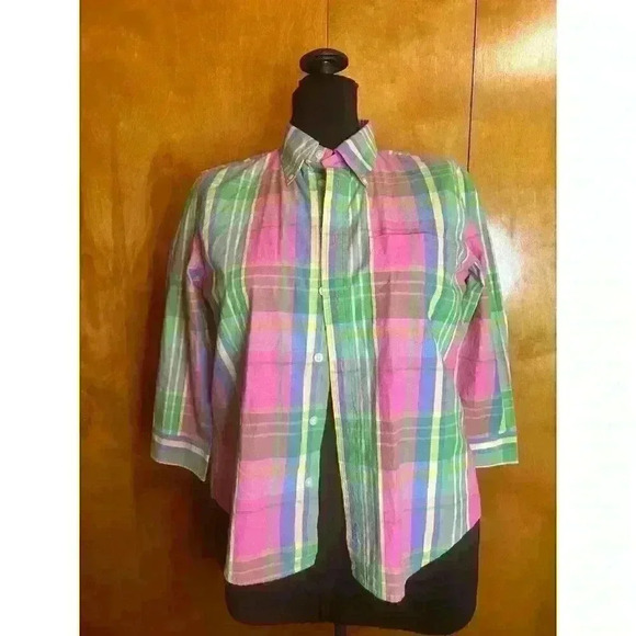 Ralph Lauren Girls Bright Pink Multicolour Plaid 3/4 Sleeve‎ Button Down Shirt M - Picture 3 of 13